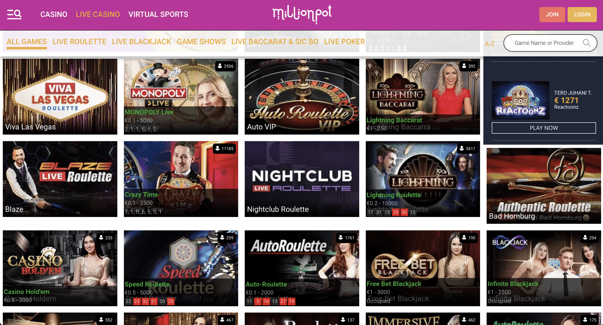 Millionpot Live Casino