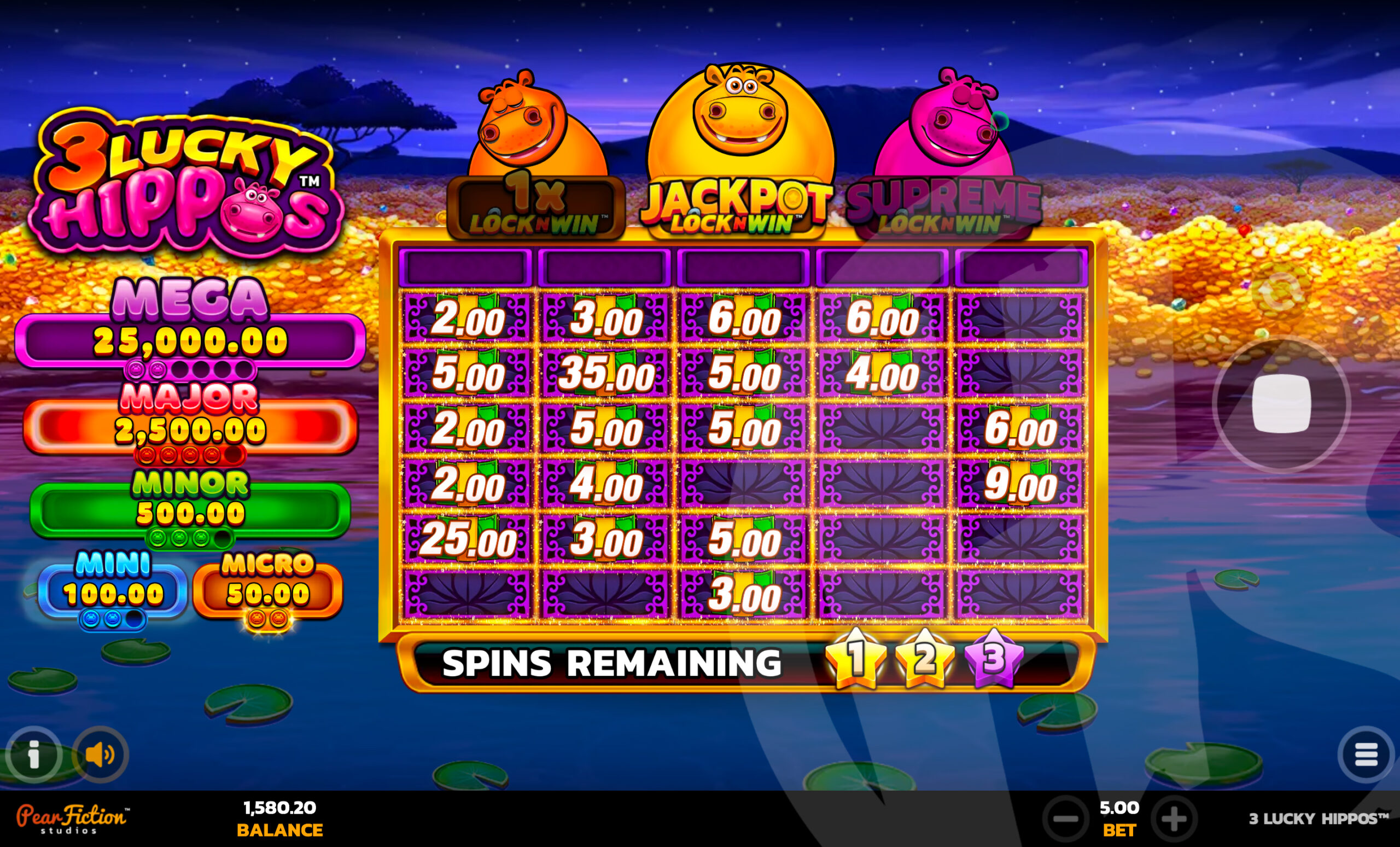 3 Lucky Hippos Jackpot LockNWin Feature