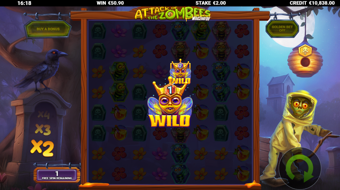 During Free Spins, if a wild enters the middle 4 positions on the grid, the Hive Feature will activate creating a 2x2 super wild