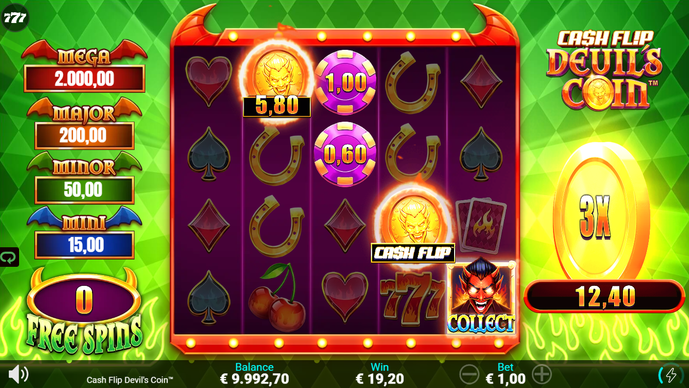 The Cash Flip Feature sees the Devil's coin spin to reveal random cash values and the chance of a Multiplier